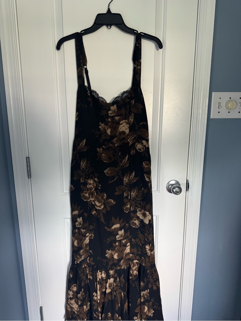 Black Floral Slip Dress with Lace Trim